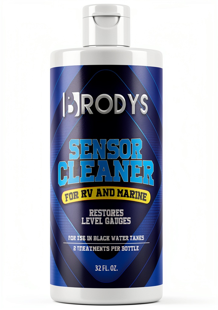 RV owner pouring Brodys Sensor Cleaner into a black tank